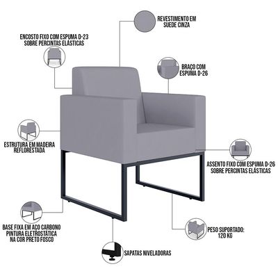 Kit 02 Poltronas Decorativas para Sala Recepção Base Fixa De Metal Helô L02 Suede Cinza - Lyam Decor