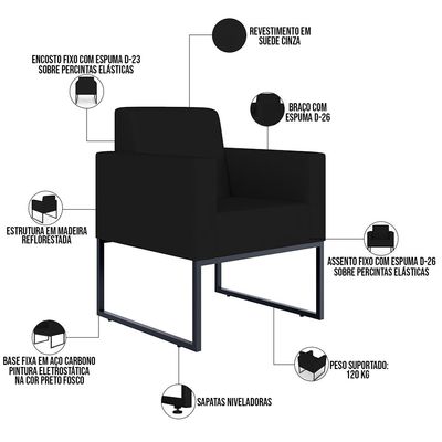 Kit 02 Poltronas Decorativas para Sala Recepção Base Fixa De Metal Helô L02 Suede Preto - Lyam Decor