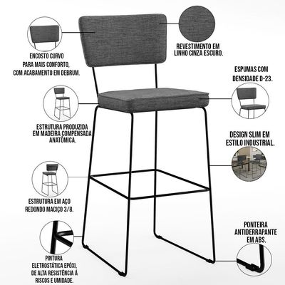 Kit 05 Banquetas Alta Para Cozinha Sala Base Em Aço Fixa Allana L02 Linho Cinza Escuro - Lyam Decor