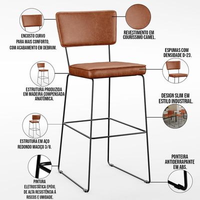 Kit 05 Banquetas Altas Cozinha Sala Jantar Base Em Aço Fixa Allana L02 Couríssimo Camel - Lyam Decor