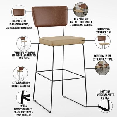 Kit 04 Banqueta Alta Cozinha Sala Jantar Allana L02 Couríssimo Marrom Linho Bege Escuro - Lyam Decor