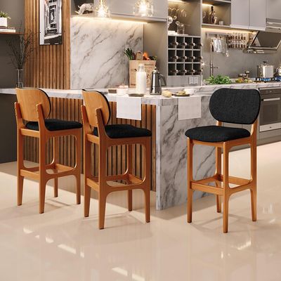 Kit 2 Banquetas Alta Bar Cozinha Sala Jantar Fixa Betta L02 Imbuia Linho Chumbo - Lyam Decor