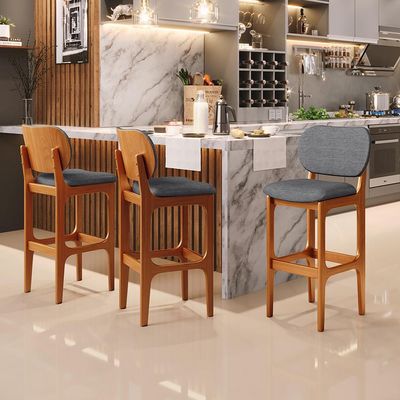 Kit 2 Banquetas Alta Bar Cozinha Sala Jantar Fixa Betta L02 Imbuia Linho Cinza Escuro - Lyam Decor