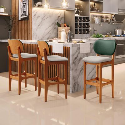 Kit 3 Banquetas Alta Bar Cozinha Sala Jantar Betta L02 Imbuia Facto Verde Linho Bege - Lyam Decor