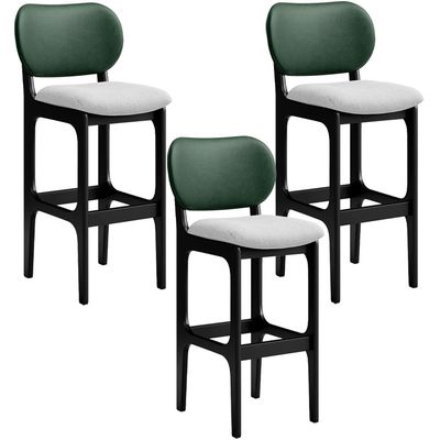 Kit 3 Banquetas Alta Bar Cozinha Sala Jantar Betta L02 Preto Facto Verde Linho Cinza - Lyam Decor