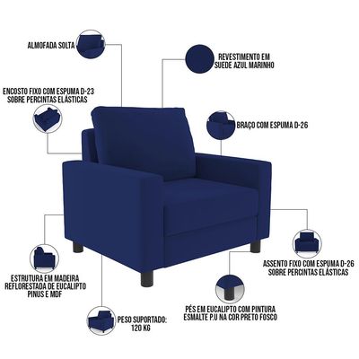 Kit 02 Poltronas Decorativas Para Sala De Estar E Recepção Malta L02 Suede Azul Marinho - Lyam Decor