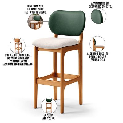 Kit 4 Banquetas Alta Bar Cozinha Sala Jantar Betta L02 Imbuia Facto Verde Linho Cru - Lyam Decor