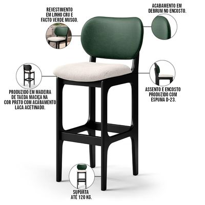 Kit 4 Banquetas Alta Bar Cozinha Sala Jantar Fixa Betta L02 Preto Facto Verde Linho Cru - Lyam Decor