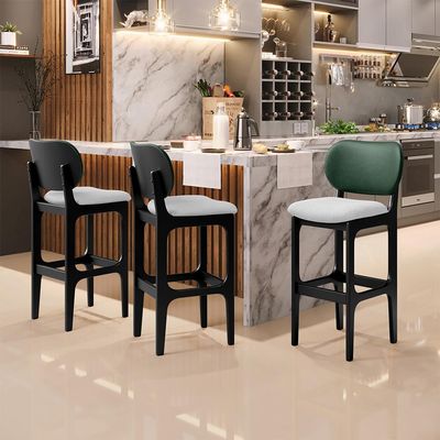 Kit 5 Banquetas Alta Bar Cozinha Sala Jantar Betta L02 Preto Facto Verde Linho Cinza - Lyam Decor