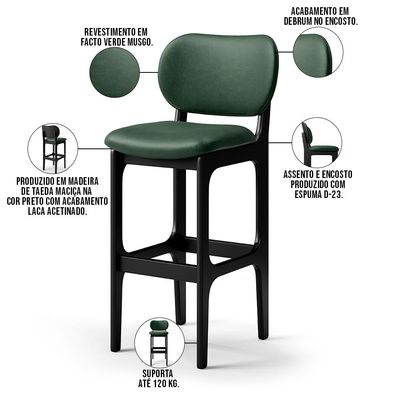 Kit 5 Banquetas Alta Bar Cozinha Sala Jantar Fixa Betta L02 Preto Facto Verde Musgo - Lyam Decor