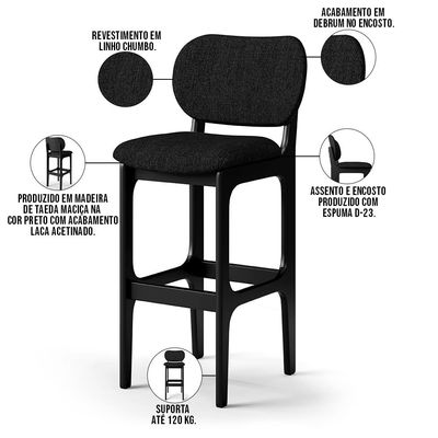 Kit 5 Banquetas Alta Bar Cozinha Sala Jantar Fixa Betta L02 Preto Linho Chumbo - Lyam Decor