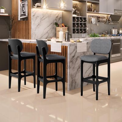 Kit 5 Banquetas Alta Bar Cozinha Sala Jantar Fixa Betta L02 Preto Linho Cinza Escuro - Lyam Decor