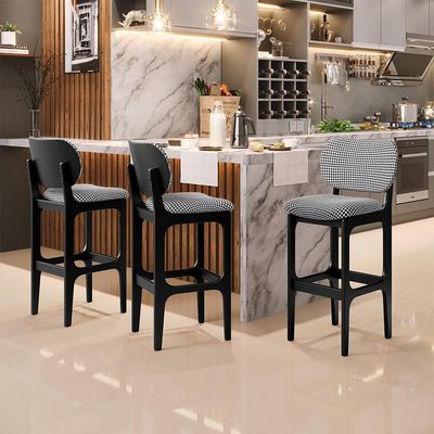 Kit 5 Banquetas Alta Bar Cozinha Sala Jantar Fixa Betta L02 Preto Suede Pied Poule - Lyam Decor
