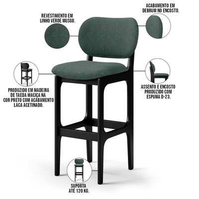 Kit 5 Banquetas Alta Bar Cozinha Sala Jantar Fixa Betta L02 Preto Linho Verde Musgo - Lyam Decor