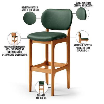 Kit 6 Banquetas Alta Bar Cozinha Sala Jantar Fixa Betta L02 Imbuia Facto Verde Musgo - Lyam Decor