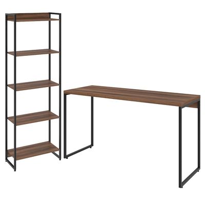 Kit Escritório Estante Areta 5 Prateleiras com Mesa Industrial Aspen 135cm C01 Nogal - Lyam Decor