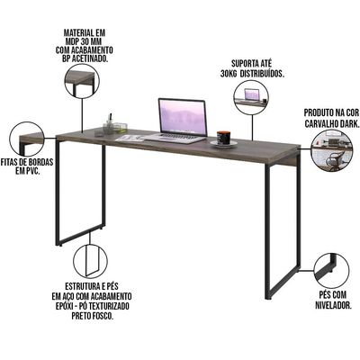 Kit Estante Areta 4 Prateleiras com Mesa Industrial Aspen 150cm C01 Carvalho Dark - Lyam Decor