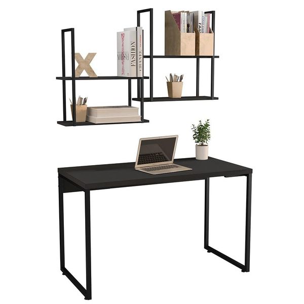 Kit Mesa Para Escritório Soft F01 com 02 Prateleiras Multiuso Design Preto Fosco - Lyam Decor