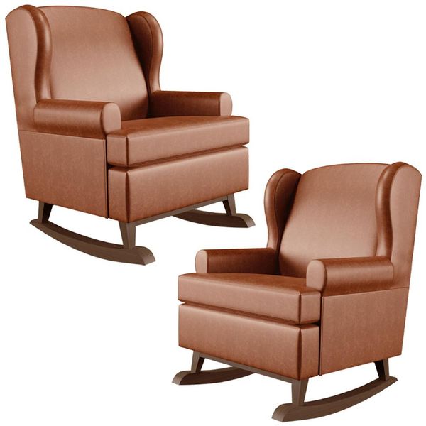Kit 2 Poltronas De Amamentação Com Balanço Malu Base De Madeira P02 Couríssimo Camel - Lyam Decor