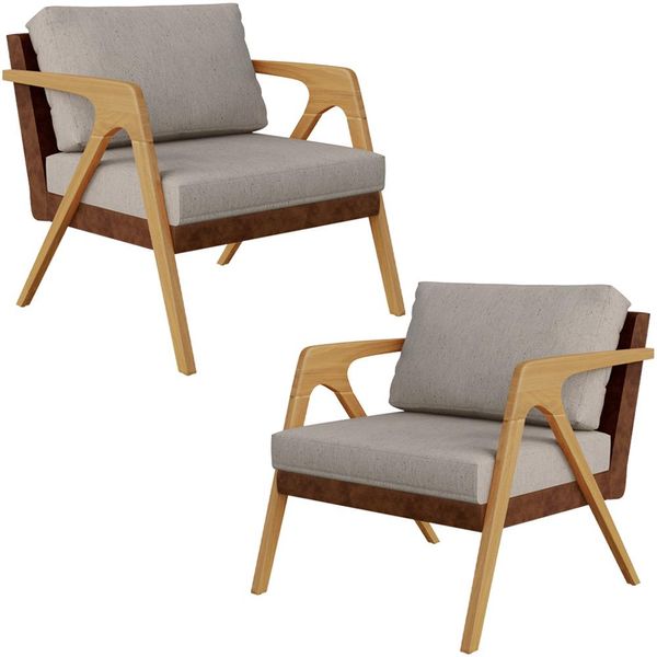 Kit 02 Poltronas Decorativas Para Sala De Estar Pietra L02 Couríssimo Marrom Linho Bege - Lyam Decor
