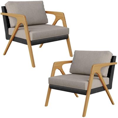 Kit 02 Poltronas Decorativas Para Sala Estar Pietra L02 Couríssimo Preto Linho Bege - Lyam Decor
