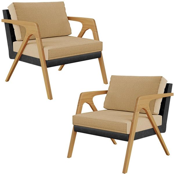 Kit 02 Poltronas Decorativas Sala Estar Pietra L02 Couríssimo Preto Linho Bege Escuro - Lyam Decor