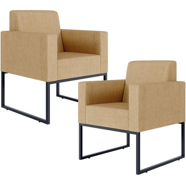 Kit 02 Poltronas Decorativa Sala Recepção Base Fixa De Metal Helô L02 Linho Bege Escuro - Lyam Decor
