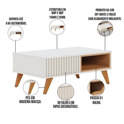 Mesa De Centro Para Sala De Estar 01 Nicho Delta C04 Freijó Off White - Lyam Decor