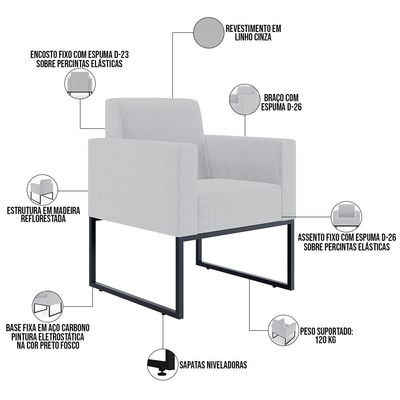 Poltrona Decorativa Para Sala Estar E Recepção Base Fixa De Metal Helô L02 Linho Cinza - Lyam Decor