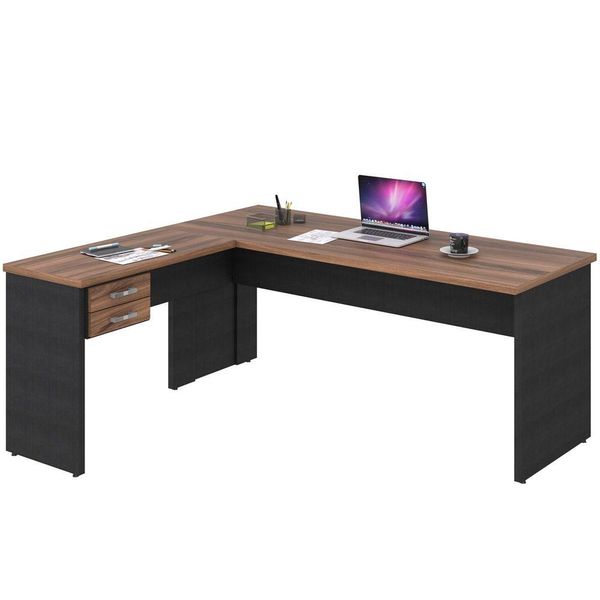 Mesa Para Escritório Home Office em L Diretor W30 C01 180x160cm Nogal com Preto Onix - Lyam Decor