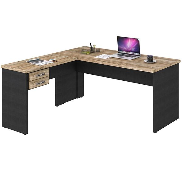 Mesa Para Escritório Home Office em L Diretor W30 C01 160x160cm Carvalho com Preto Onix - Lyam Decor