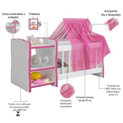 Berço Para Boneca Cristal Ursinho C02 Brinquedo Infantil Branco Rosa - Lyam Decor