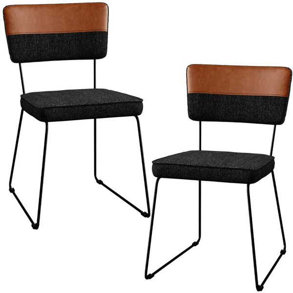 Kit 02 Cadeiras Decorativas Base De Aço Allana L02 Faixa Couríssimo Camel Linho Chumbo - Lyam Decor