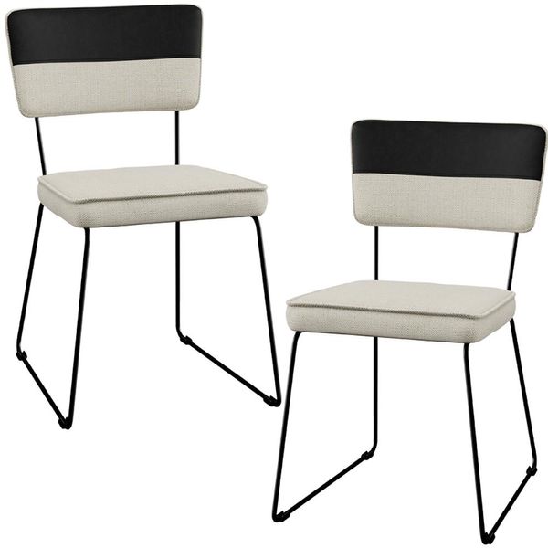 Kit 02 Cadeiras Decorativas Estofada Allana L02 Faixa Corano Preto Linho Champagne - Lyam Decor