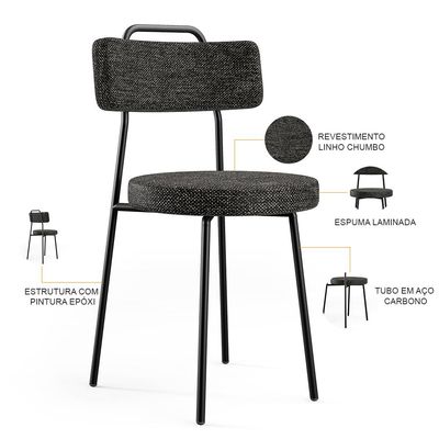 Kit 02 Cadeiras Decorativas Estofada Para Sala De Jantar Barcelona F01 Linho Chumbo - Lyam Decor