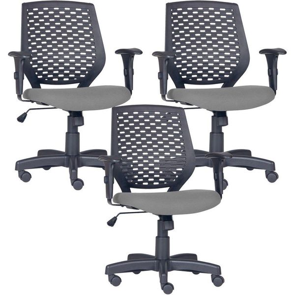 Kit 03 Cadeiras de Escritório Giratória Executiva Ergonômica Tech L02 Corino Cinza - Lyam Decor