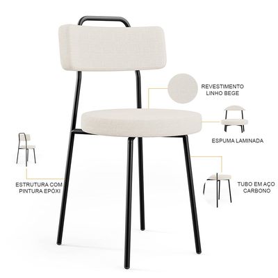 Kit 04 Cadeiras Decorativas Estofada Para Sala De Jantar Barcelona F01 Linho Bege - Lyam Decor