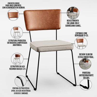 Kit 04 Cadeiras Decorativas Estofada Sala Jantar Allana L02 Couríssimo Camel Linho Cru - Lyam Decor