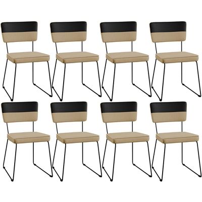Kit 08 Cadeiras Decorativas Base De Aço Allana L02 Faixa Corano Preto Linho Bege Escuro - Lyam Decor