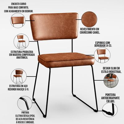 Kit 8 Cadeiras Decorativas Estofada Sala De Jantar Base Aço Allana L02 Couríssimo Camel - Lyam Decor