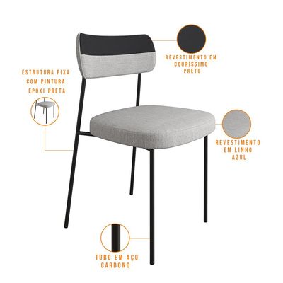 Kit 2 Cadeiras Decorativas Estofada Sala Jantar Melina F01 Linho Cinza Couríssimo Preto - Lyam Decor
