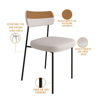 Kit 4 Cadeira Decorativa Estofada Sala Jantar Melina F01 Linho Bege Couríssimo Caramelo - Lyam Decor