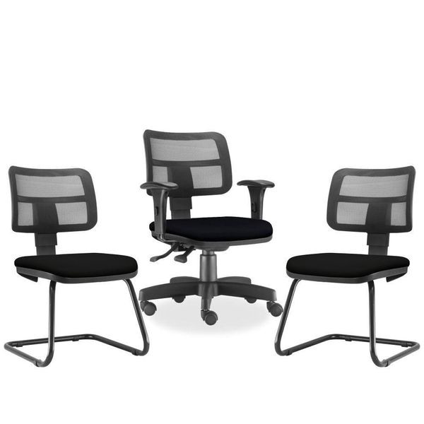 Kit Cadeira de Escritório Giratória e 02 Cadeiras Fixas Zip L02 Corino Preto - Lyam Decor