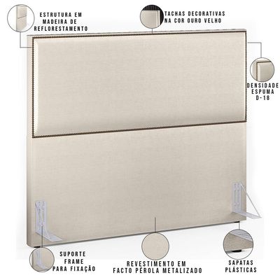 Cabeceira Box Casal Com Tachas 140 cm Vicenza L02 Facto Pérola Metalizado - Lyam Decor