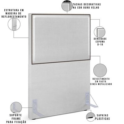 Cabeceira Box Solteiro Com Tachas 100 cm Vicenza L02 Facto Cinza Metalizado - Lyam Decor