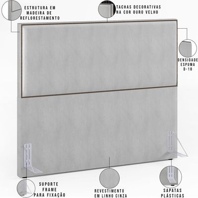 Cabeceira Cama Box Casal Com Tachas 140 cm Vicenza L02 Linho Cinza - Lyam Decor