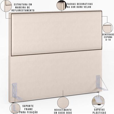 Cabeceira Cama Box Casal Com Tachas 140 cm Vicenza L02 Suede Bege - Lyam Decor