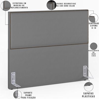 Cabeceira Cama Box Casal Com Tachas 140 cm Vicenza L02 Suede Cinza - Lyam Decor