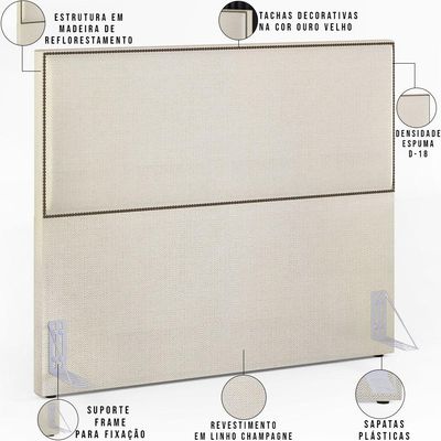 Cabeceira Cama Box Casal Com Tachas 160 cm Vicenza L02 Linho Champagne - Lyam Decor