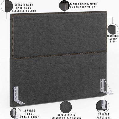 Cabeceira Cama Box Casal Queen Com Tachas 160 cm Vicenza L02 Linho Cinza Escuro - Lyam Decor